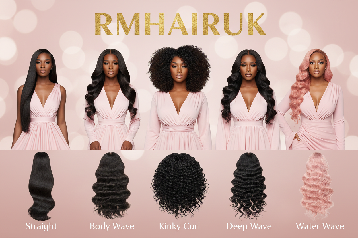 banner image of pretty blackgirls with different style of wigs, one wearing striagt hair another wearing body wave, another wearing kinky curls another wearing deep wave hair and give me one more trendy style with also single bundles underneath them to depict what they are wearing, have them wearing baby pink with piink backgorund and in big write RMHAIRUK_