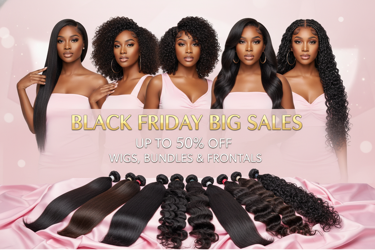 help me create a promotional website banner for black friday big sales or up to 50% off from wigs bundles and frontals add all the informations text clearly use some black models wearing wigs of different styles and also show the bundles clearly in straight hair and curly make it very glossy baby pink with 4-5 models with different hairstyles 